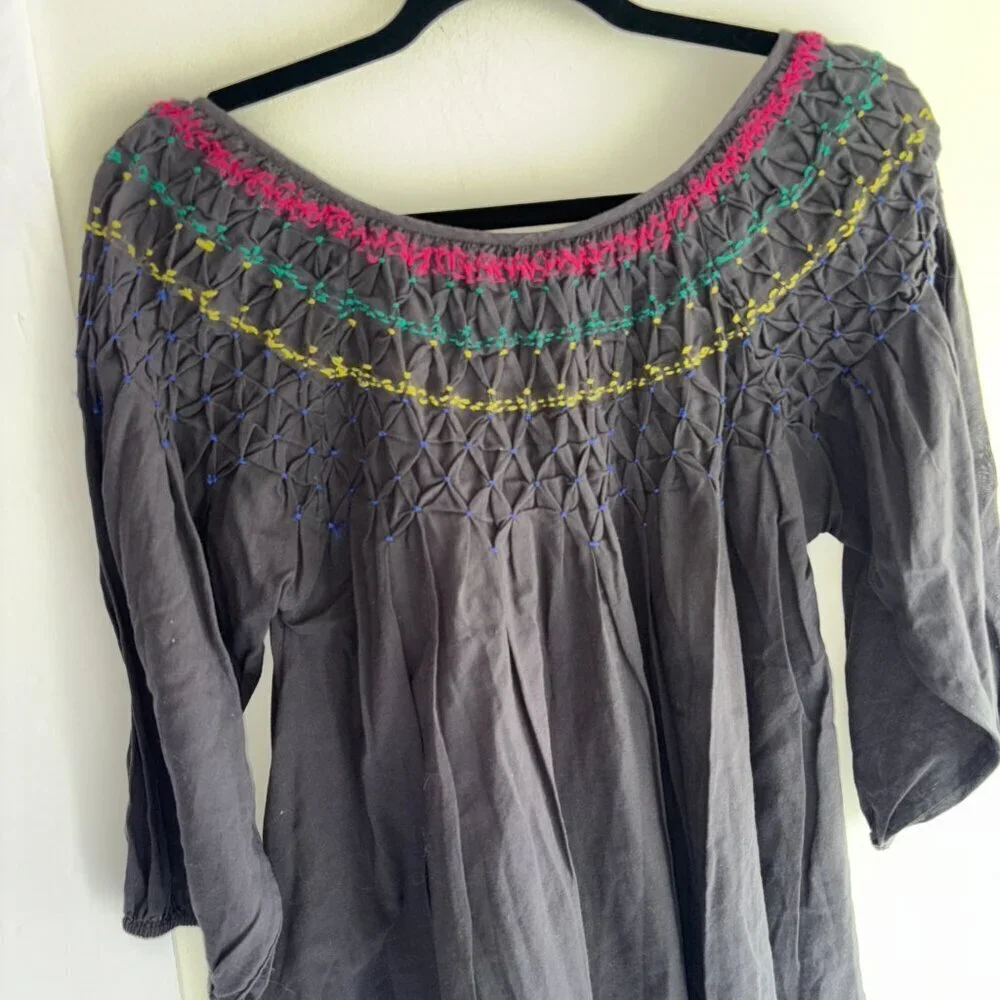 Free People Charcoal Gray Embroidered Smocked Peasant Boho Blouse Size Small
